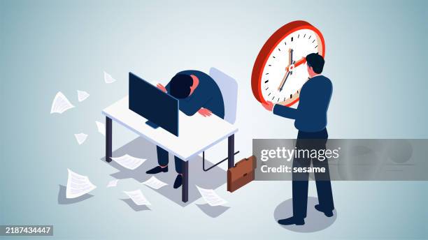 ilustrações de stock, clip art, desenhos animados e ícones de procrastination, laziness, inefficient work, overloaded work pressures, isometric managers standing with clocks in both hands next to businessmen sleeping on their desks - política de escritório