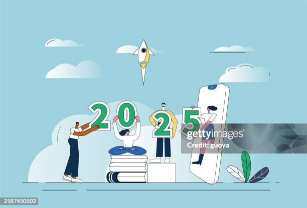 the team is working hard for 2025. - floating laptop stock illustrations