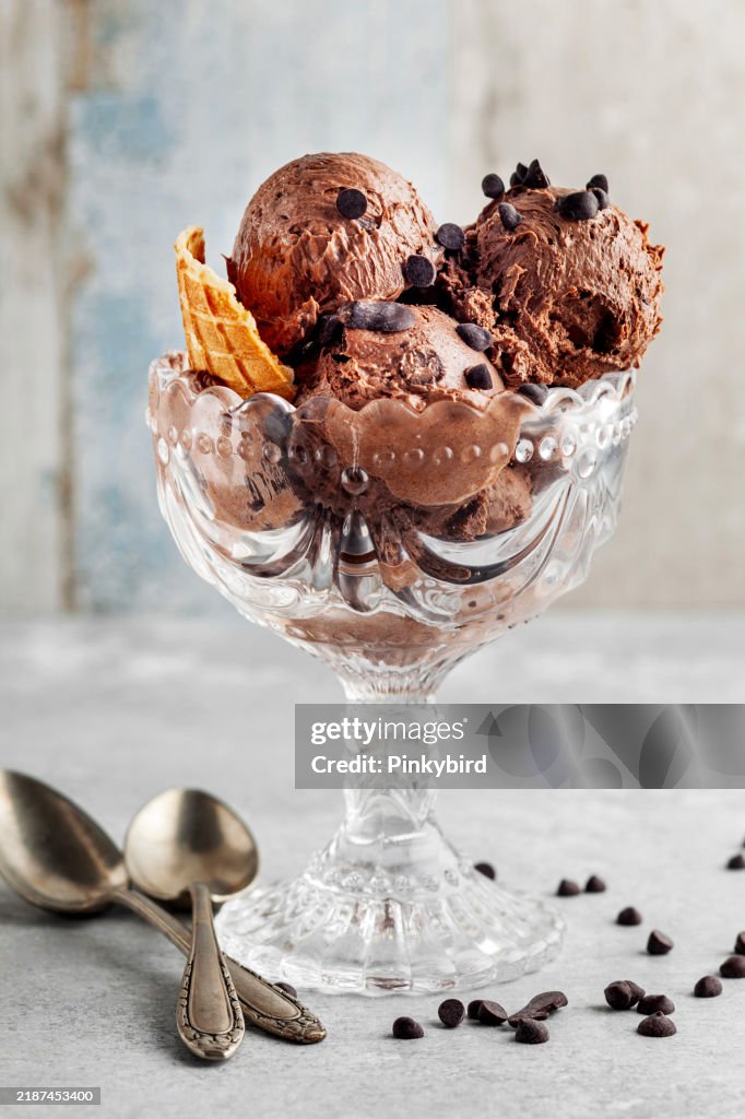 Chocolate ice cream. Ice cream. Chocolate ice cream ball in bowl. Chocolate ice cream in a glass cup.