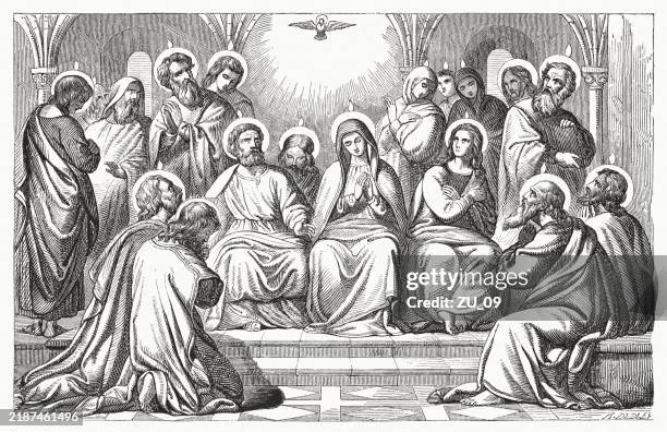 outpouring of the holy spirit (acts 2), woodcut, published 1883 - pentecost fire stock illustrations