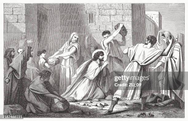 ilustrações de stock, clip art, desenhos animados e ícones de stoning of stephen (acts 7, 54-60), wood engraving, published 1883 - mártir