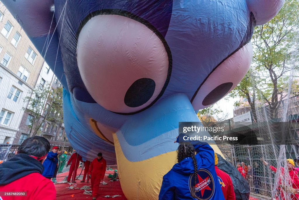 Bluey Exploding Members of the Macy's inflation team work on Bluey giant balloon as ...