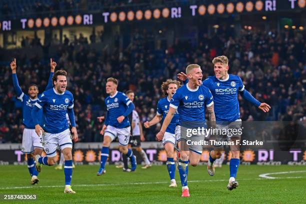 Louis Oppie of Bielefeld celebrates during the 3. Liga match between Arminia Bielefeld and FC Ingolstadt 04 at Schueco Arena on November 29, 2024 in...