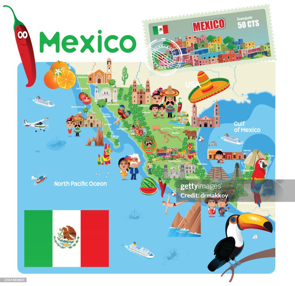 Viva Mexico Map and Postage Stamps