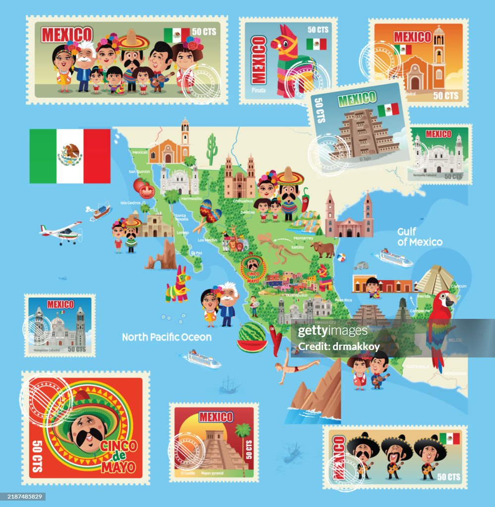 Viva Mexico Map and Postage Stamps