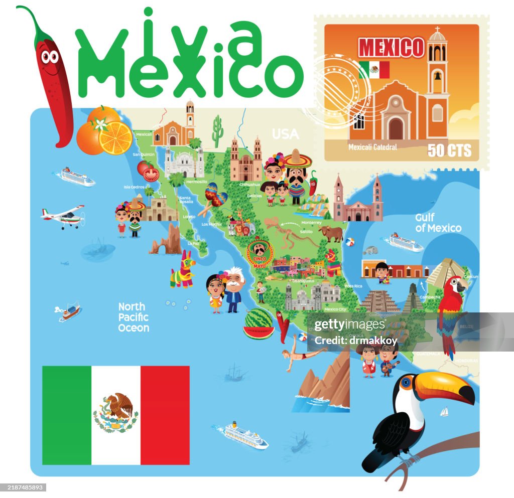 Viva Mexico Map and Postage Stamps