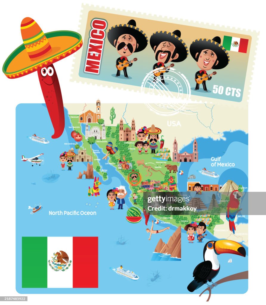 Viva Mexico Map and Postage Stamps