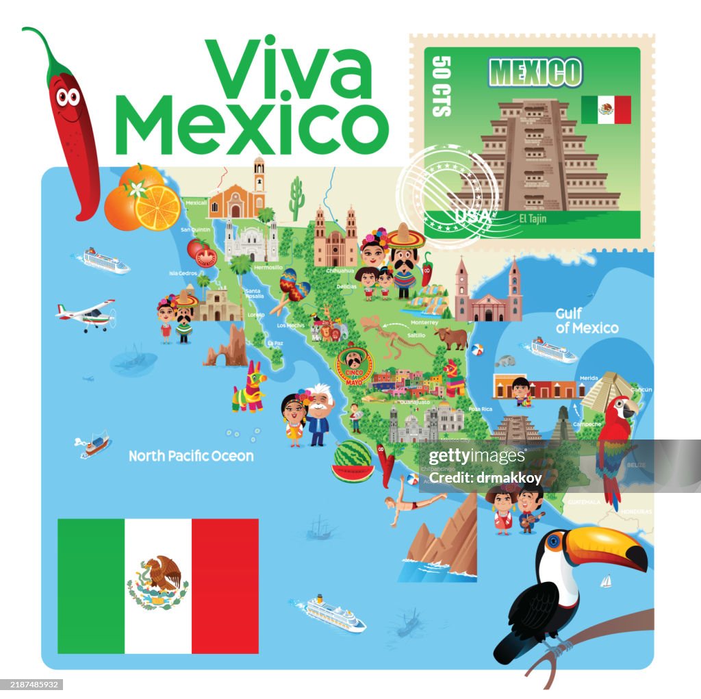 Viva Mexico Map and Postage Stamps