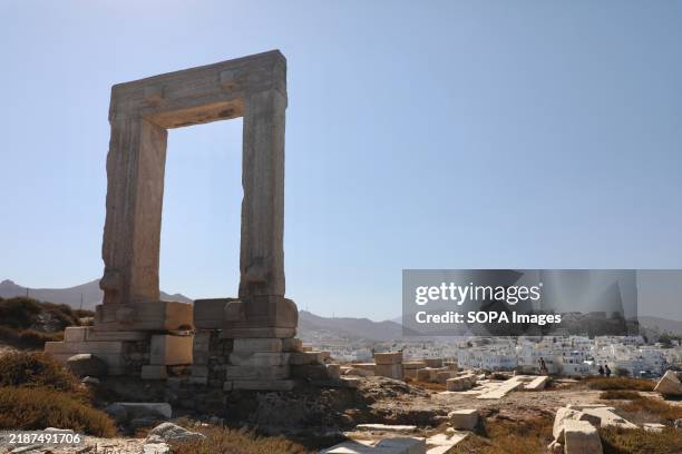 General view of a marble gate, which is part of the archeological site of the Temple of Apollo in the town of Naxos, on the island of Naxos in the...
