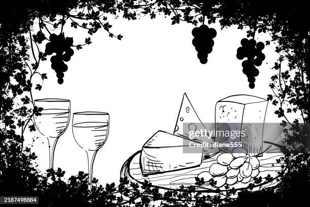 ilustraciones, imágenes clip art, dibujos animados e iconos de stock de banner web de la bodega marco grunge con vides, tabla de quesos y copas de vino - bar bottles background