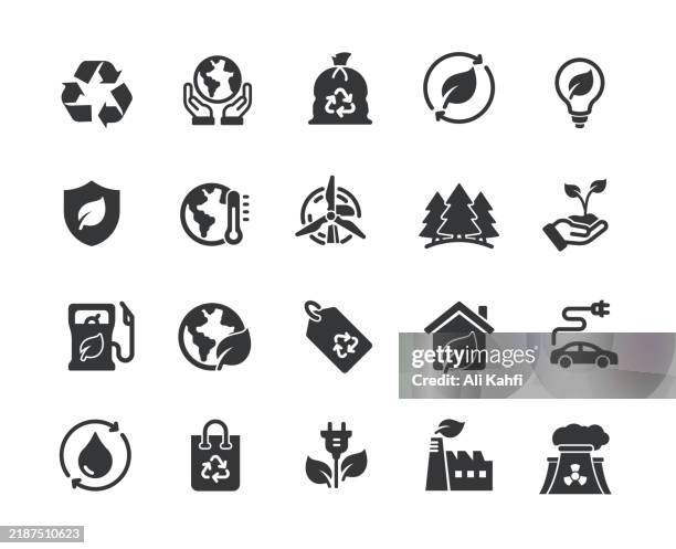 ökologie glyphe feste symbole. enthält umwelt, grüne energie, rettung der erde, natur solide icons sammlung. vektor-illustration. für website-design, logo, app, vorlage, benutzeroberfläche usw. - klimaschutz stock-grafiken, -clipart, -cartoons und -symbole