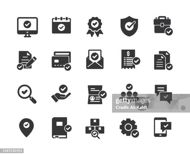 ilustrações de stock, clip art, desenhos animados e ícones de checkmark glyph solid icons. containing validation, certified, quality, confirmation solid icons collection. vector illustration. for website design, logo, app, template, ui, etc. - certification-icon