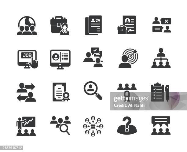 human resources glyph solid icons. containing job, interview, teamwork, employee solid icons collection. vector illustration. for website design, logo, app, template, ui, etc. - job search stock illustrations