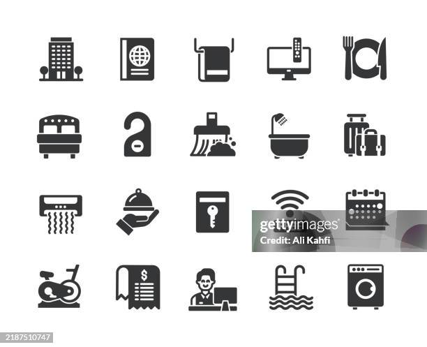 hotel glyph solid icons. containing restaurant, laundry, houskeeping, holiday, travelling solid icons collection. vect solid icons collection. vector illustration. for website design, logo, app, template, ui, etc. - hotel mini bar stock illustrations