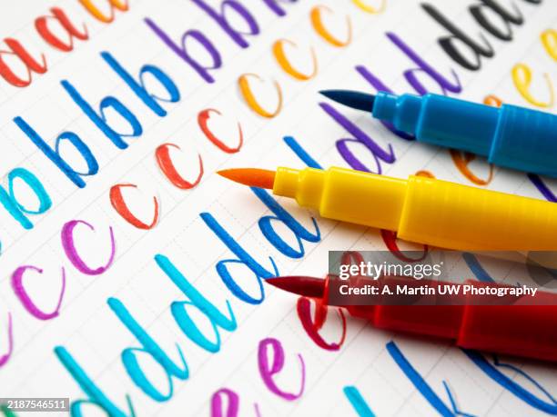 colorful brush pens practicing calligraphy on a notebook - caligrafia imagens e fotografias de stock