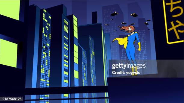 stockillustraties, clipart, cartoons en iconen met vector female superhero with cyberpunk city background stock illustration - pakjesavond