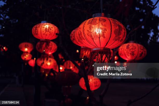 round chinese lanterns hang in a garland on the evening streets of chinatown on new year's eve - lanterna cinese foto e immagini stock
