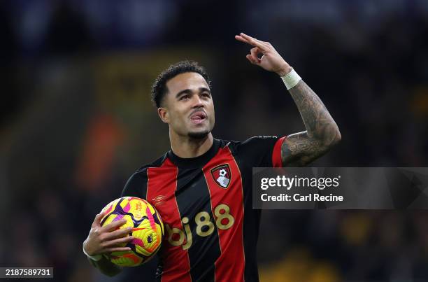 Justin Kluivert of AFC Bournemouth celebrates scoring his team's fourth goal and his hat-trick goal during the Premier League match between...