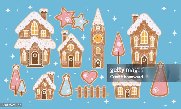 christmas gingerbread village - collect icon stock illustrations