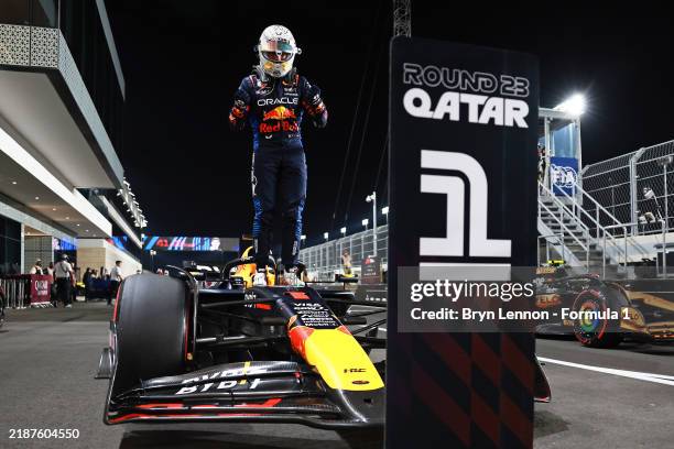 Pole position qualifier Max Verstappen of the Netherlands and Oracle Red Bull Racing celebrates in parc ferme during qualifying ahead of the F1 Grand...
