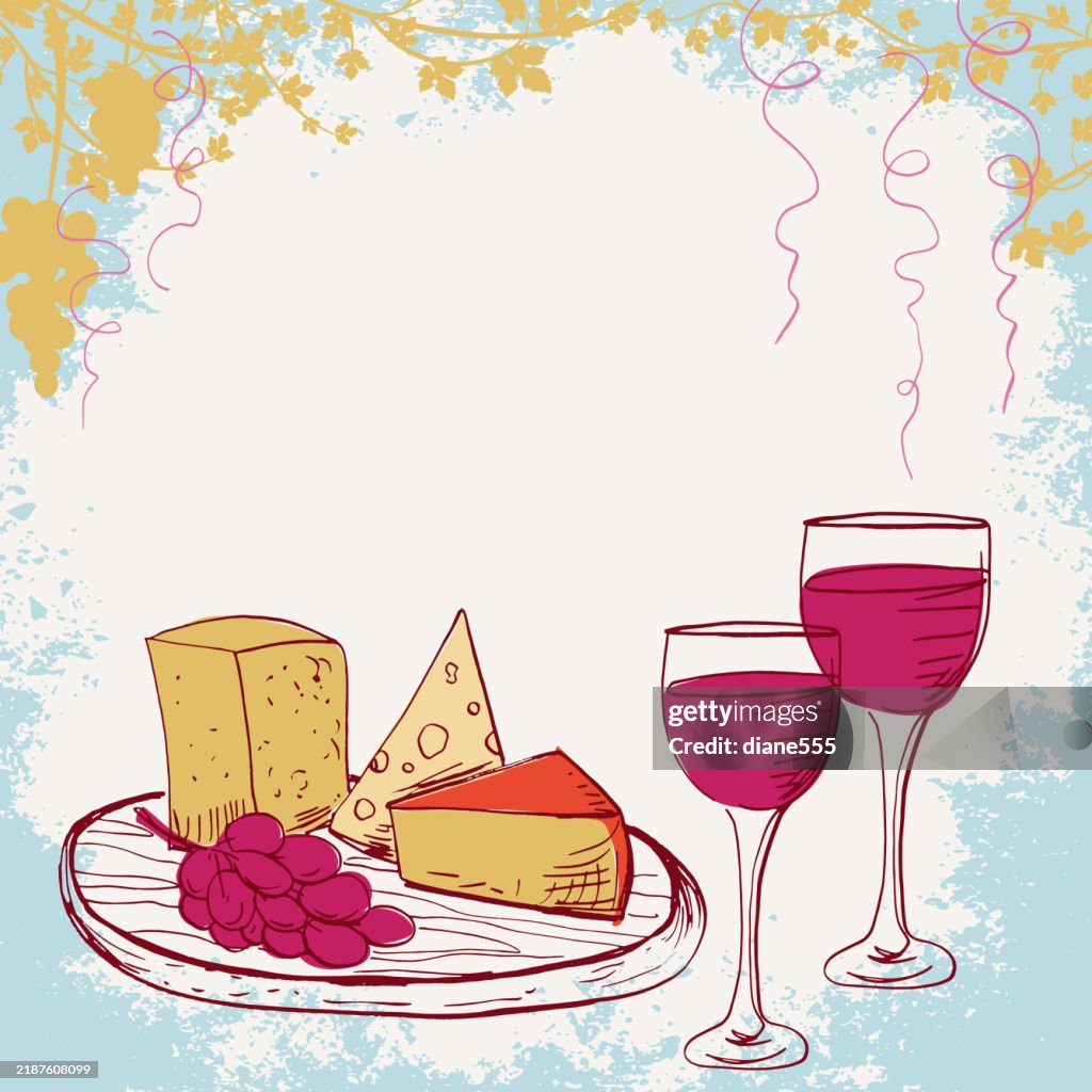 Hand Drawn Wine & Cheese On A Textured Background With Grapevines. Winery Poster With Copy Space