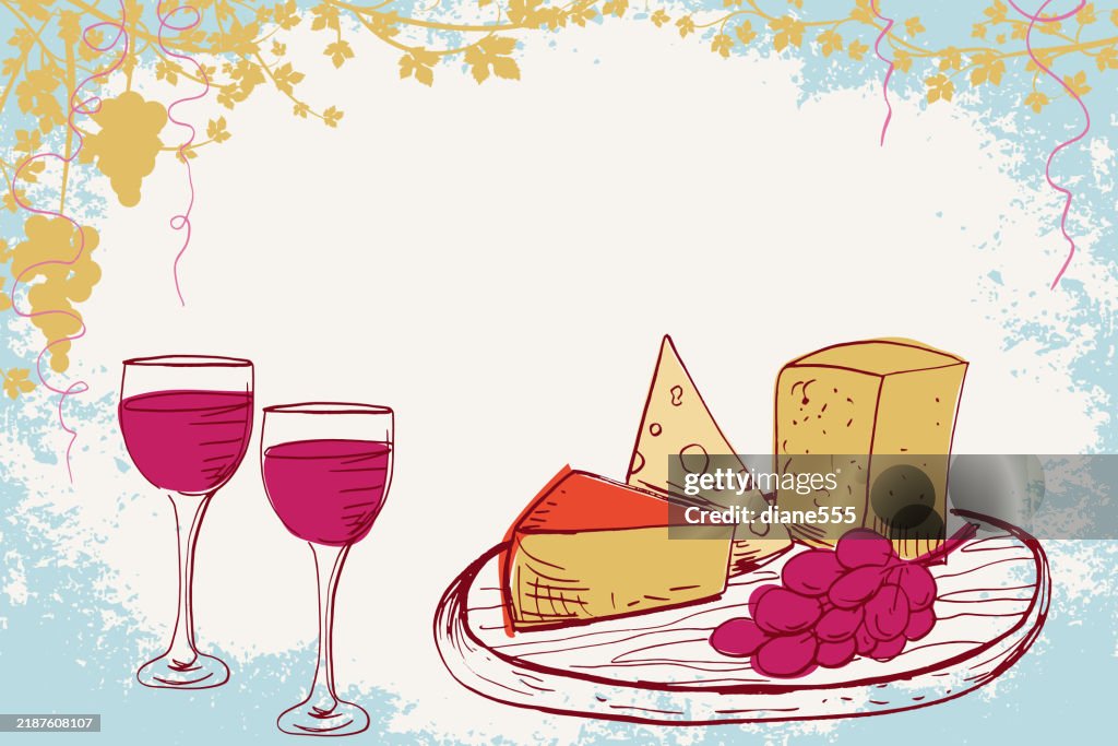Hand Drawn Wine & Cheese On A Textured Background With Grapevines. Winery Poster With Copy Space