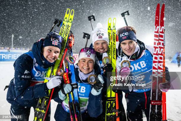 Karoline Offigstad Knotten of Norway, Ingrid Landmark Tandrevold of Norway, Johannes Dale-Skjevdal of Norway and Vebjoern Soerum of Norway celebrates...
