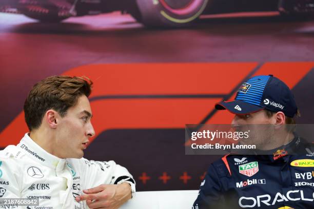 Pole position qualifier Max Verstappen of the Netherlands and Oracle Red Bull Racing and Second placed qualifier George Russell of Great Britain and...