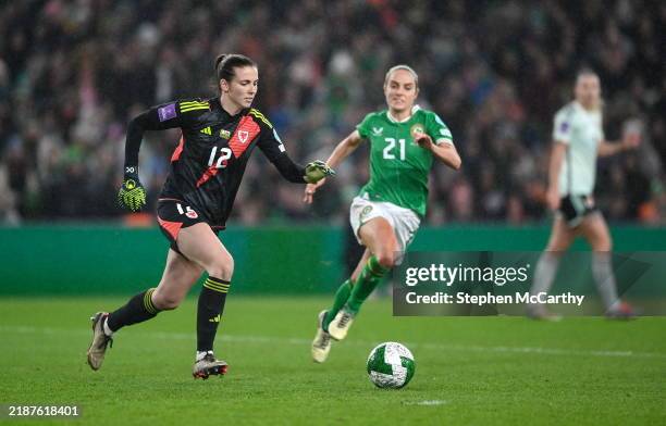Dublin , Ireland - 3 December 2024; Wales goalkeeper Olivia Clark during the UEFA Women's EURO 2025 Play-off Round Two second leg match between...