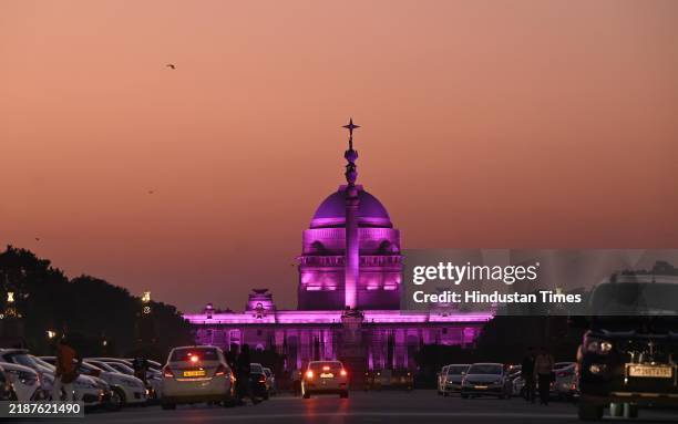 Illuminated Rashtrapati Bhawan in Purple colour marking the International day of persons with Disabilities on December 3, 2024 in New Delhi, India.