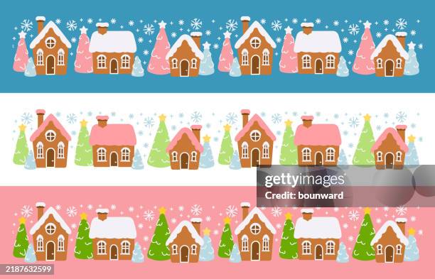 christmas gingerbread village border pattern - gingerbread house border stock illustrations