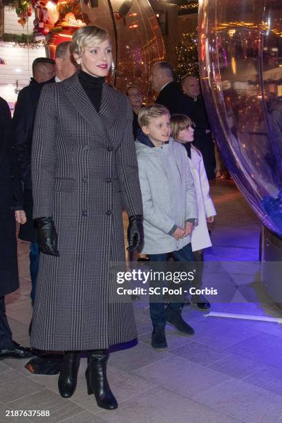 Princess Charlene of Monaco, Prince Jacques of Monaco and Princess Gabriella of Monaco launch Christmas Illuminations on Place du Casino on November...