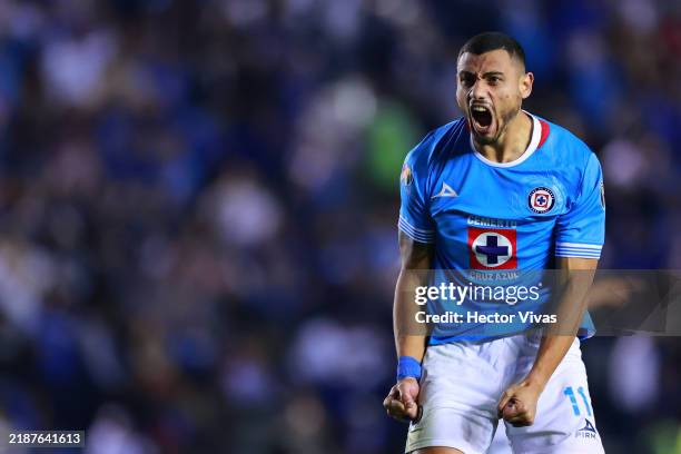 Georgios Giakoumakis of Cruz Azul celebrates after scoring the team's second goal during the quarterfinals second leg match between Cruz Azul and...