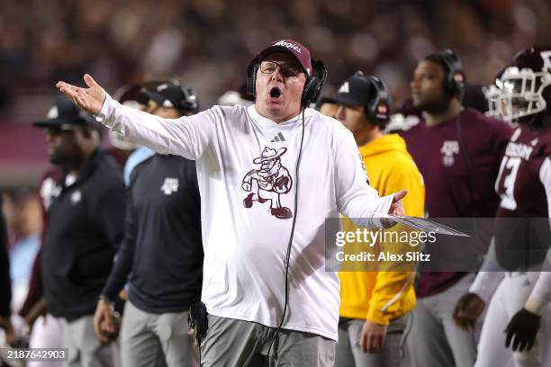 Head coach Mike Elko of the Texas A&M Aggies reacts during the second quarter against the Texas Longhorns at Kyle Field on November 30, 2024 in...