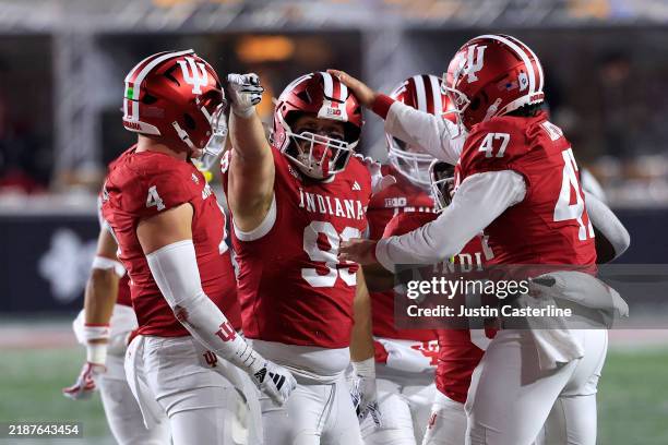 James Carpenter of the Indiana Hoosiers reacts after a first down from a fake punt during the third quarter against the Purdue Boilermakers at...