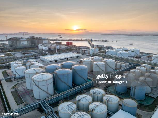rows of oil tanks on the seashore at sunrise - opslagtank stockfoto's en -beelden