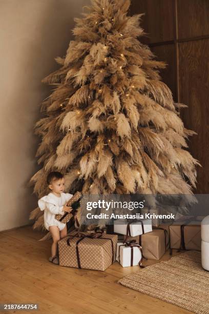 little girl having fun near christmas tree from pampas grass and handmade presents packed in kraft paper. - pampas stock pictures, royalty-free photos & images