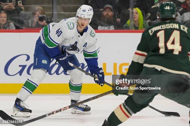 Vancouver Canucks forward Elias Pettersson looks to shoot during an NHL game between the Minnesota Wild and Vancouver Canucks on December 3 at Xcel...