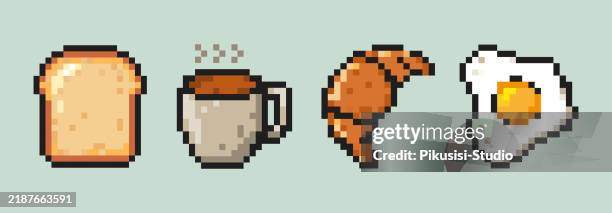 pixel art set, food icon collection. breakfast set of toast bread, coffee, croissant and egg. 8 bit sprite. - vintage restaurant logo stock illustrations