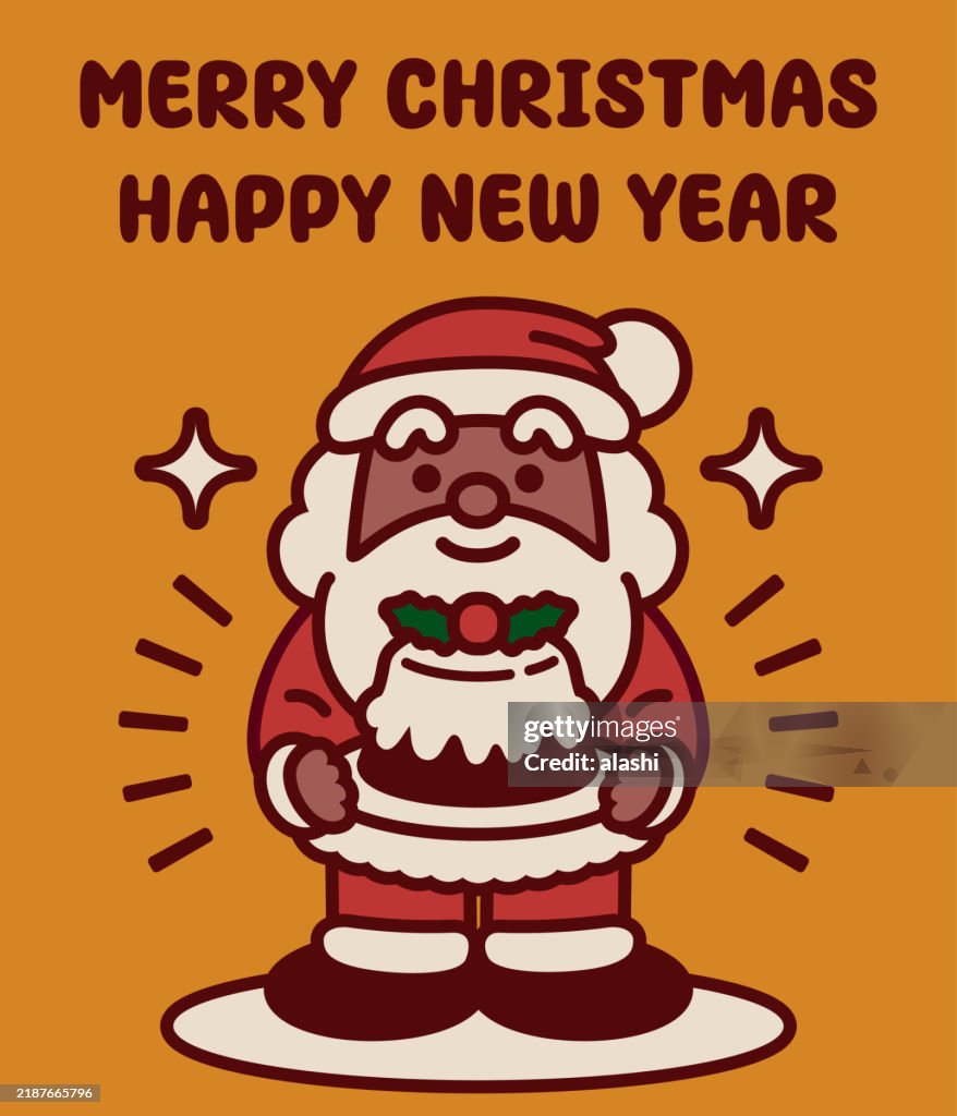 Adorable black Santa Claus carrying a Christmas Pudding wishes you a Merry Christmas and a Happy New Year