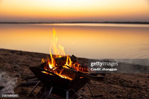 bonfire by the lake at sunset - lakeshore stock pictures, royalty-free photos & images