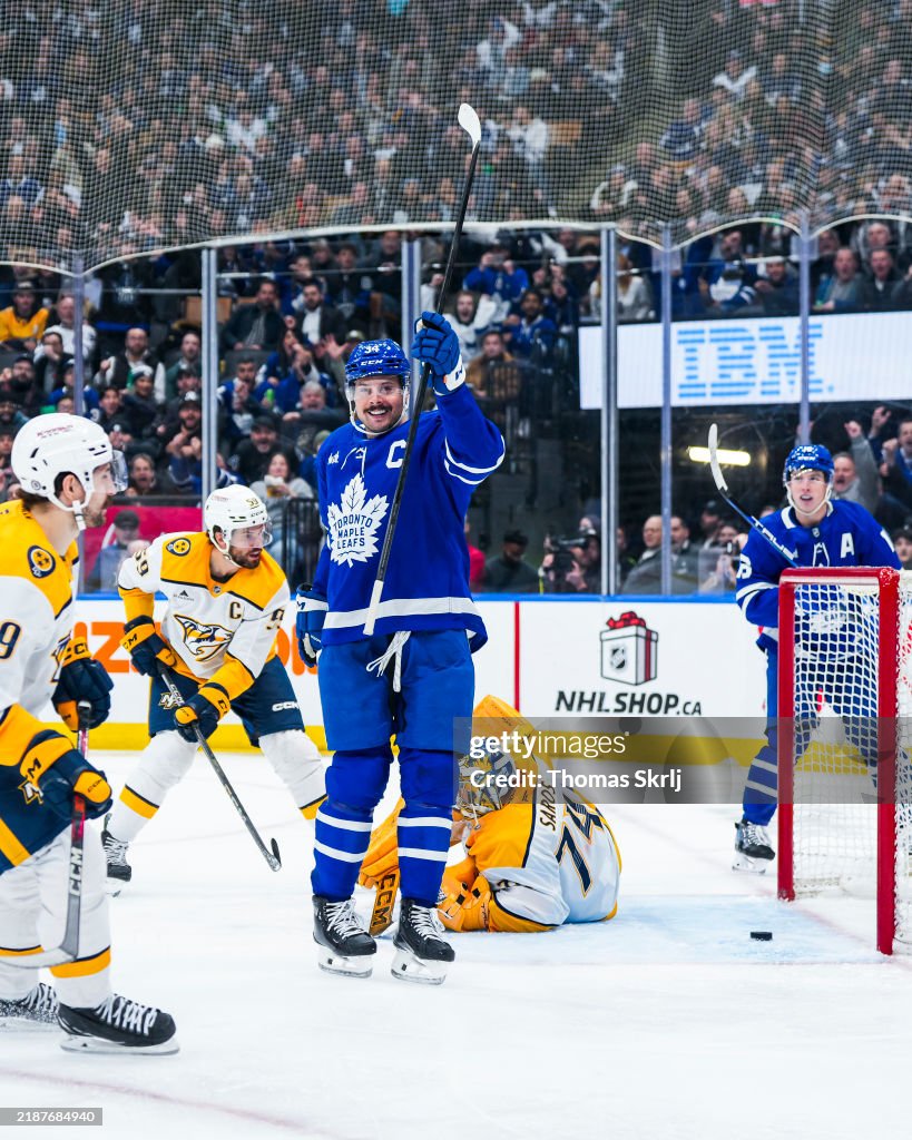 Toronto Predators Auston Matthews of the Toronto Maple Leafs celebrates scoring a goal ...