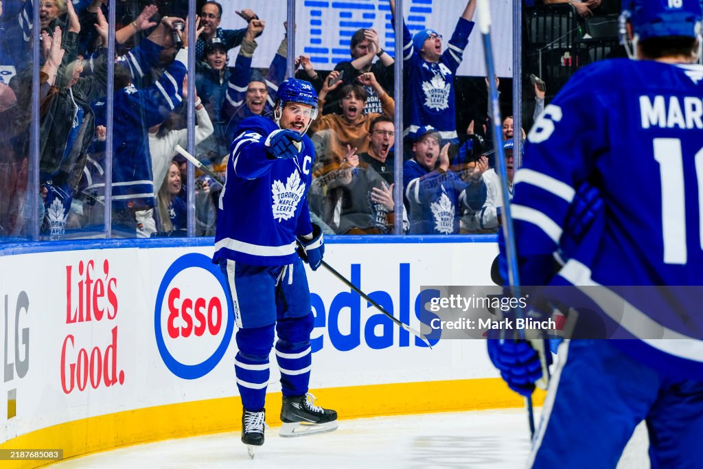 Toronto Predators Auston Matthews of the Toronto Maple Leafs celebrates scoring a goal ...