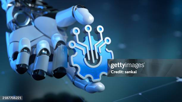 futuristica mano robotica che tiene un simbolo di intelligenza artificiale - robotica foto e immagini stock