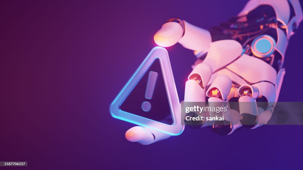 Futuristic Robotic Hand Holding a Glowing Warning Sign in Cyber Space