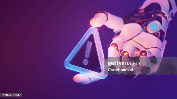 futuristic robotic hand holding a glowing warning sign in cyber space - failure stock pictures, royalty-free photos & images