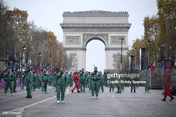 Players take part in the "1 3, Soleil" - Squid Game Season 2 Game At Champs Elysees on December 01, 2024 in Paris, France.