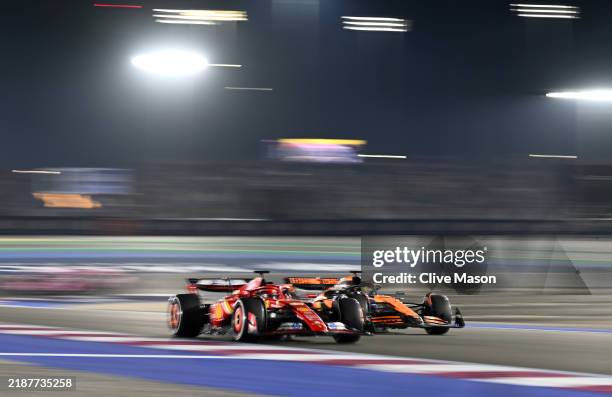 Charles Leclerc of Monaco driving the Ferrari SF-24 and Oscar Piastri of Australia driving the McLaren MCL38 Mercedes battle for track position...