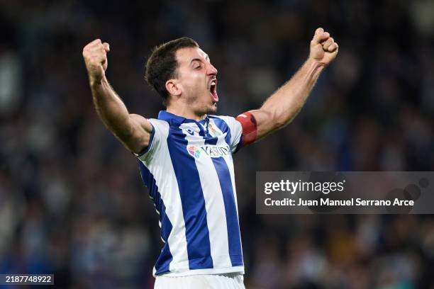 Mikel Oyarzabal of Real Sociedad celebrates after scoring his team's second goal during the LaLiga match between Real Sociedad and Real Betis...