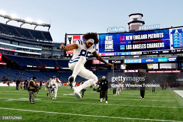 Drew Ogletree of the Indianapolis Colts reacts after the Colts defeated the New England Patriots, 25-24, at Gillette Stadium on December 01, 2024 in...